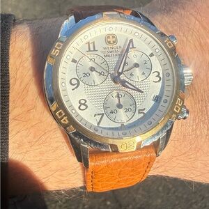 Wenger Swiss Military Chronograph Watch - Silver Dial, Brown Leather Strap